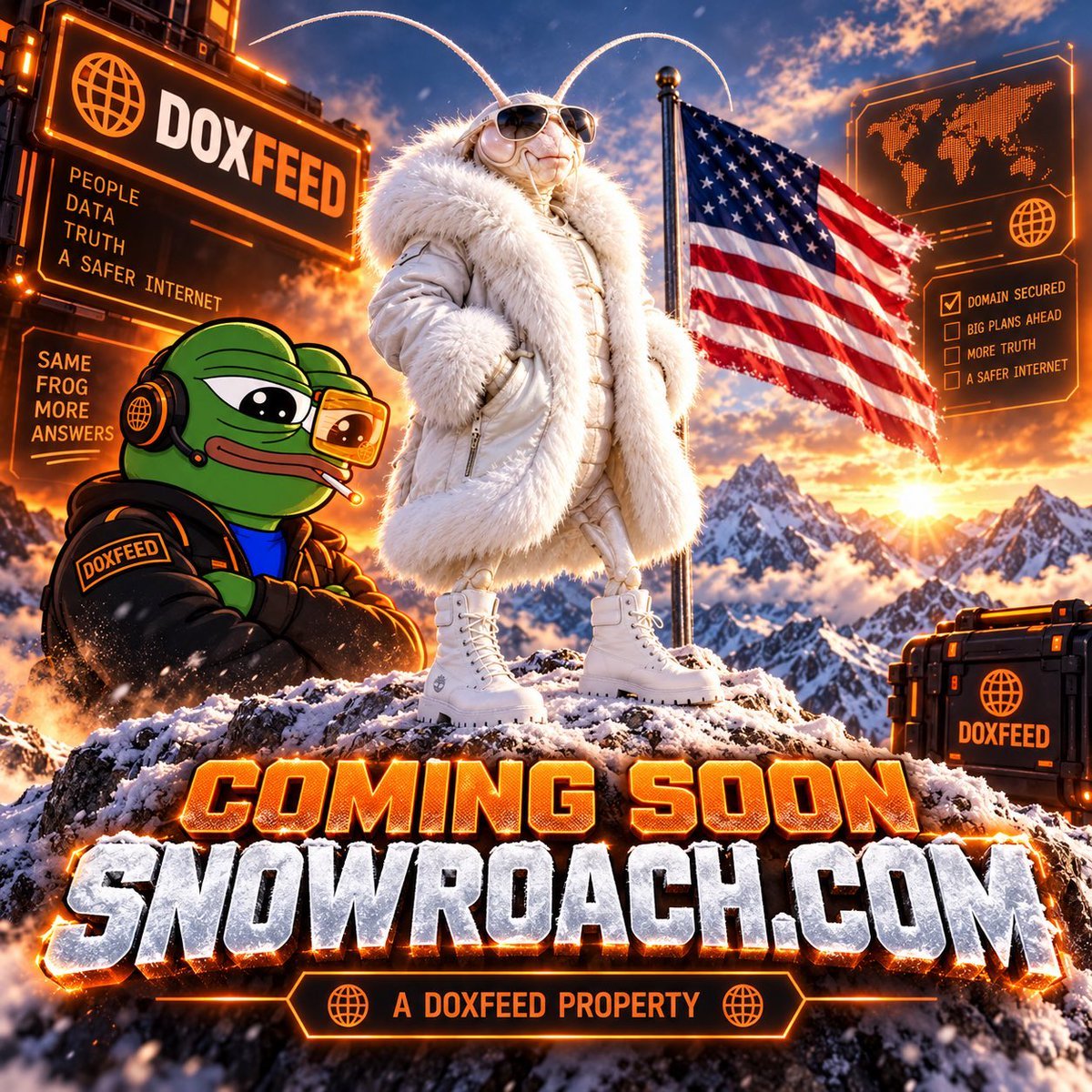 Snow Roach and the Doxfeed frog in the original coming-soon universe artwork.