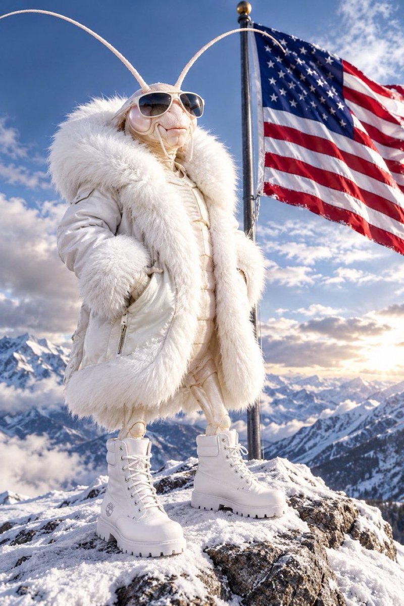 Sarah’s Snow Roach: white fur coat, sunglasses and snow boots, standing above an icy mountain landscape.